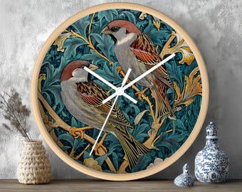 Vintage Sparrow Wall Clock, Decorative Bird Clock, Nature Lover Gift, William Morris Home Decor, Rustic Wall Art, Bird Wall Clock