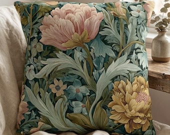 William Morris Style Floral Outdoor Pillow – Botanical Garden Patio Decor
