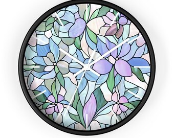 ステンドグラスプリントの花柄壁掛け時計 | ホームデコレーション