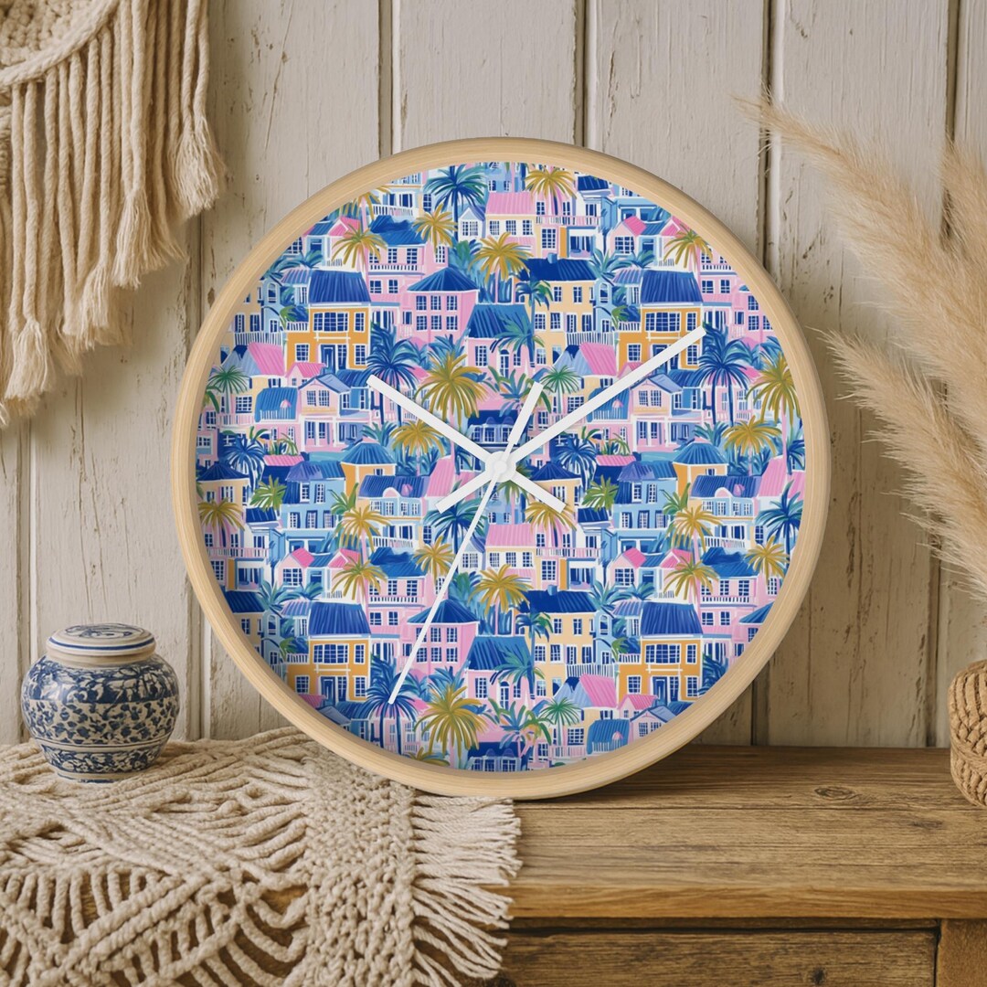 Charleston Rainbow Row Wall Clock - Colorful House Design, Home Decor ...