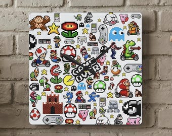 Retro Gaming Acrylic Gamer Wall Clock - Arcade Timepiece, Game Room Decor, Pixel Art, 90s Video Game Nintendo Art, Mario Video Game