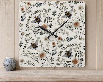 Bee Floral Acrylic Wall Clock - Dainty, Cottagecore, Boho, Country Home Decor, Kitchen Decoration, For Bee-Lovers, Floral, Vintage Print