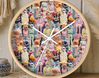 Colorful Sugar Skull Skeleton Floral Wall Clock | Unique Embroidery Print, Day of Dead Decor, Halloween Decor, Gift for Kids, Dia de Muertos