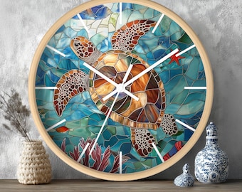 Turtle Mosaic Wall Clock, Nautical Decor for Ocean Lovers, Beach House Wall Art, Unique Coastal Gift for Sea Life Enthusiasts, Coastal Decor