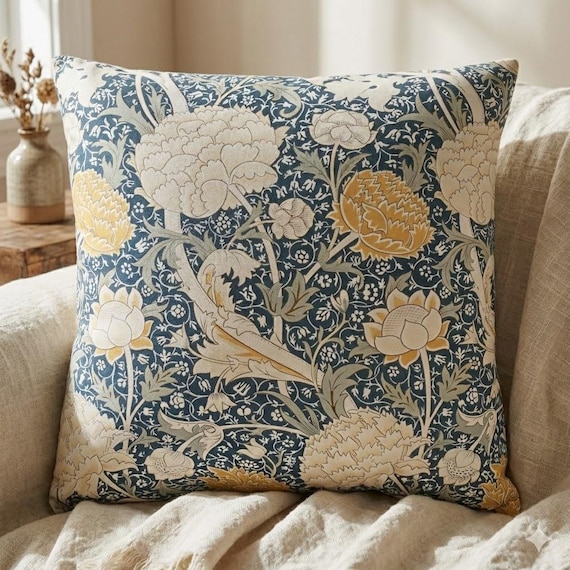 Gelbes Blumenmuster Outdoor Kissen | Vintage Style Blau Gelb Botanische Pflanzen, Terrasse Dekor, Dekokissen