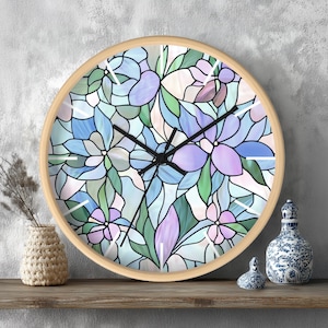 Stained Glass Print Floral Wall Clock | Home Decor, Gift for Her, Living Room Accent, Kitchen Clock, Floral Wall Clock Gift, Office Clock