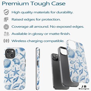 May include: A white phone case with a blue seashell and starfish pattern. The case is compatible with wireless charging and has raised edges for protection. The text "JB Designs" is visible in the bottom right corner.