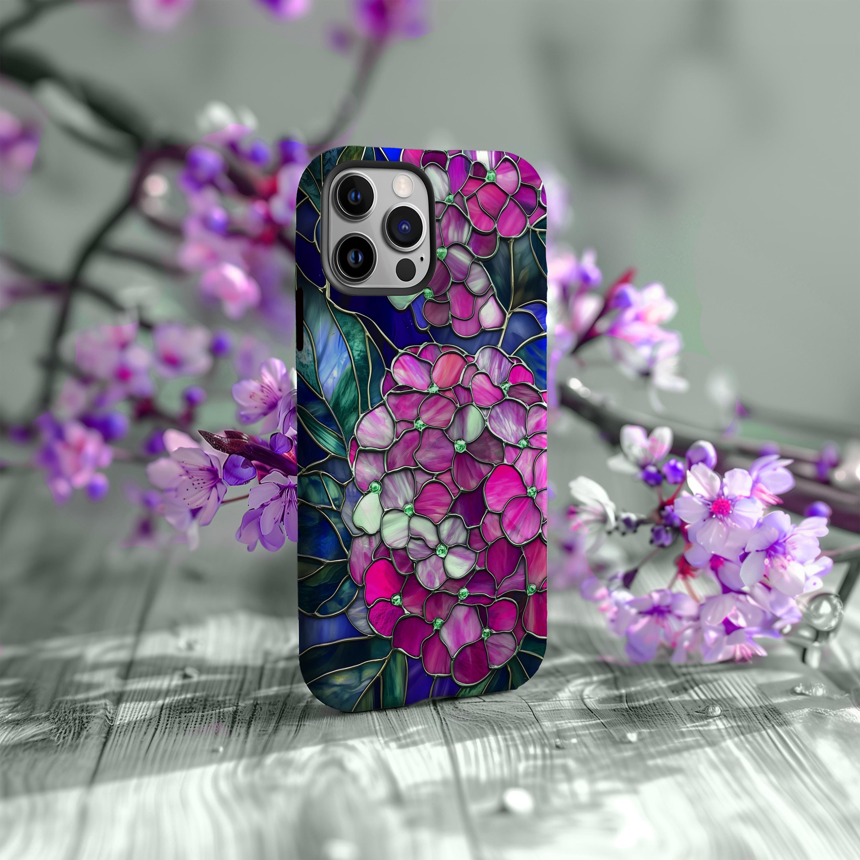 Stained Glass Pink Hydrangea Flower Floral Phone Case Cover