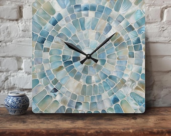 Mosaic Tile Mother of Pearl Print Wall Clock - Round / Square Elegant Home Decor, Coastal Timepiece, Coastal, Beach House Decor, Wall Decor