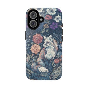 May include: A phone case featuring a detailed illustration of a fox amidst a floral garden. The artwork showcases the fox with a mix of orange, white, and blue hues, surrounded by various flowers in shades of pink, purple, and white.