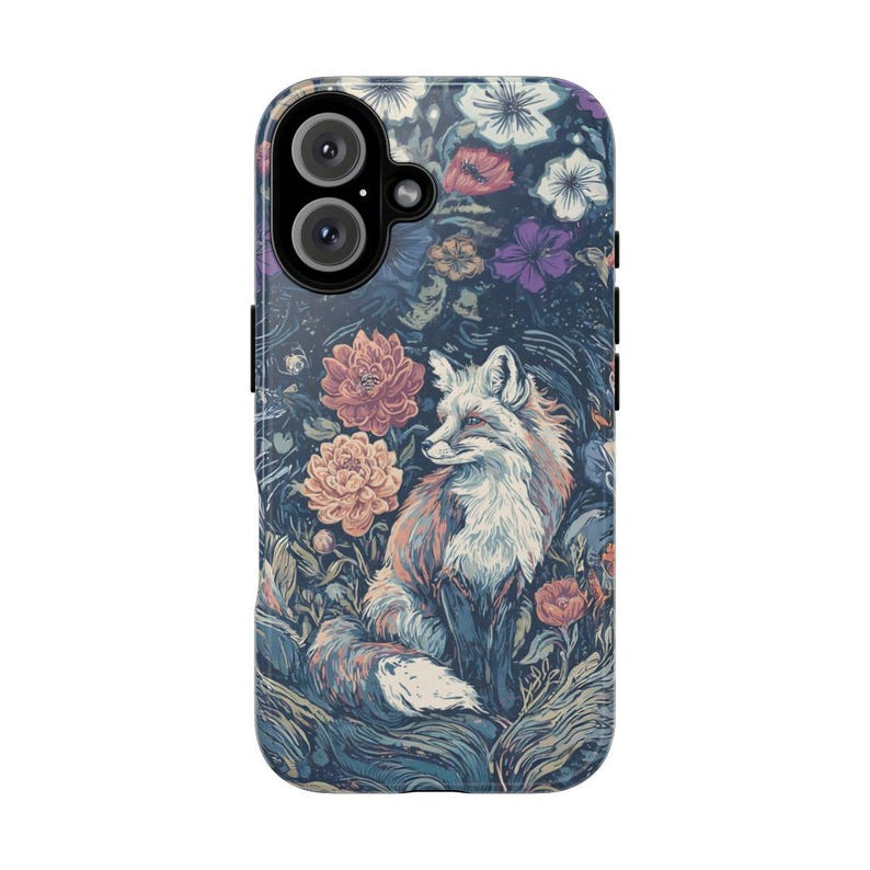May include: A phone case featuring a detailed illustration of a fox amidst a floral garden. The artwork showcases the fox with a mix of orange, white, and blue hues, surrounded by various flowers in shades of pink, purple, and white.