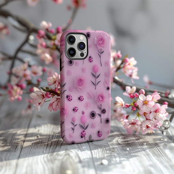 ピンク パープル かわいいてんとう虫 花柄 タフ フォン ケース カバー