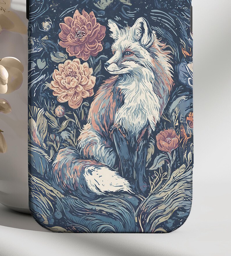 May include: A phone case featuring a detailed illustration of a fox amidst flowers and foliage. The design incorporates shades of blue, peach, and white, creating a nature-inspired aesthetic. The artwork is reminiscent of a vintage painting.