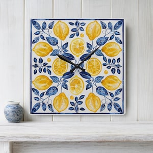 Lemon Floral Acrylic Wall Clock, Mediterranean Lemon Tile, Kitchen Decor, Home Decoration, Gift Idea, Coastal Decor, Lemon Themed Decor