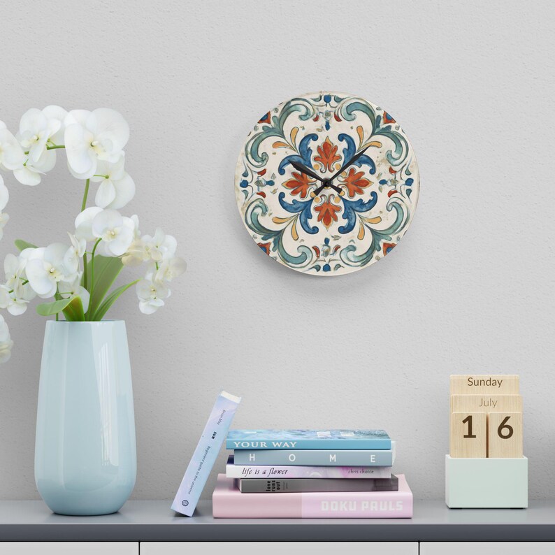 Tile Clock Vintage Tile Floral Acrylic Wall Clock - Mediterranean Antique, Aged ...