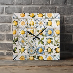 Lemon Tile Acrylic Wall Clock, Capri Italian Wall Tile Clock, Kitchen Wall Art, Home Office Clock, Kitchen Wall Clock, Lemon Mosaic Clock