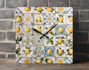 Reloj de pared acrílico con azulejos de limón, reloj de pared con azulejos italianos Capri, arte de pared para cocina, reloj para oficina, reloj de pared para cocina, reloj de mosaico de limón
