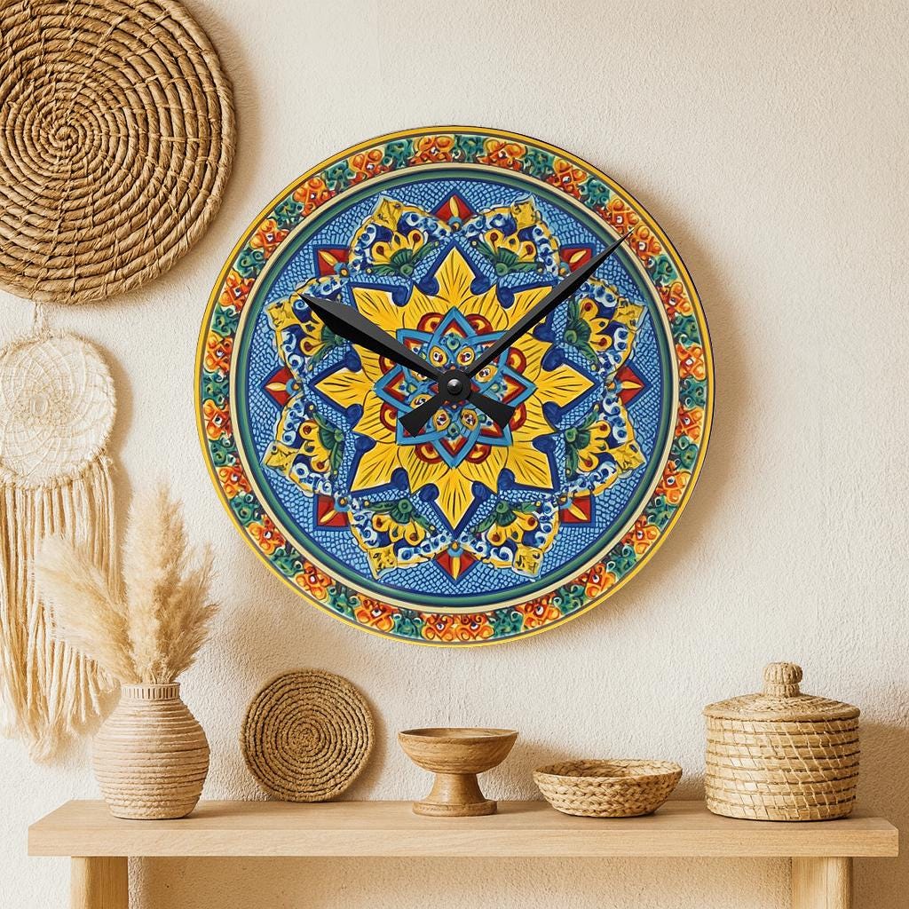 カラフルなメキシカンマンダラアクリル壁掛け時計 - ボヘミアン風