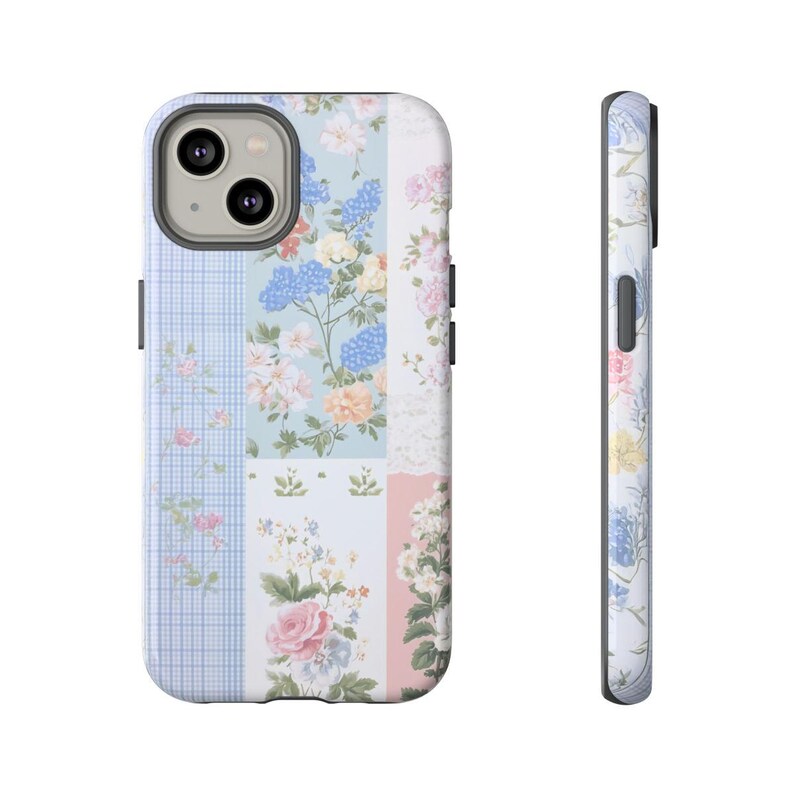 May include: A phone case with a patchwork design featuring a floral pattern in shades of blue, pink, and white. The case has a cutout for the camera lens.