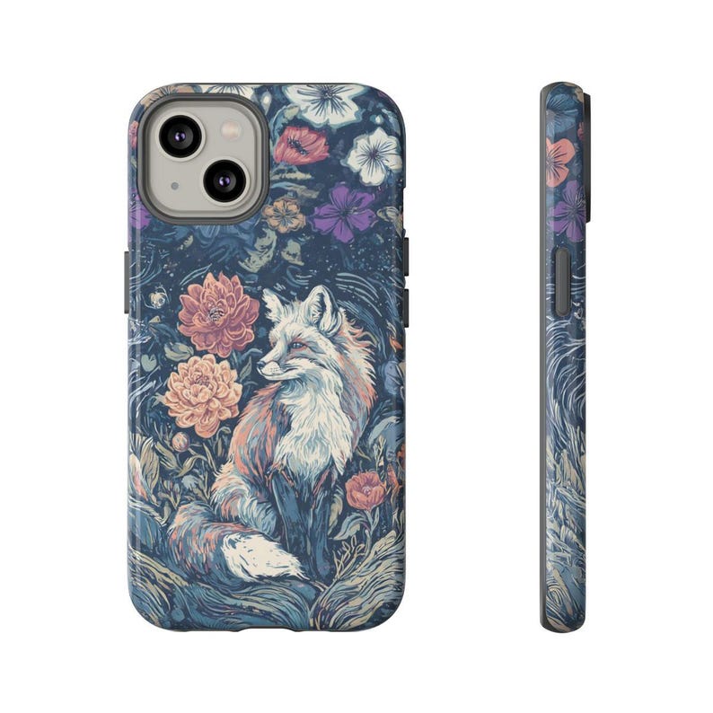 May include: A phone case featuring a detailed illustration of a fox amidst a floral garden. The design incorporates a palette of blues, pinks, and purples, with the fox as the central figure. The case is shown from the front and side.