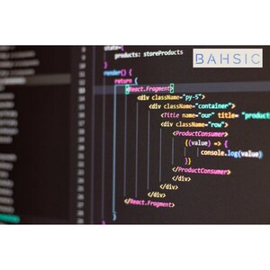 Puede incluir: Una pantalla de ordenador que muestra código escrito en un lenguaje de programación. El código incluye etiquetas HTML y funciones JavaScript. El código es para una aplicación web que muestra productos. El código incluye el texto "products: storeProducts" y "BAHSIC".