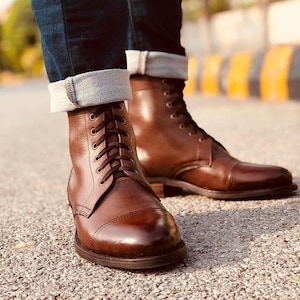 Handmade Leather Boots Half Long Boots Lace up Biker boots Paddock boots Brown Leather boots Bespoke Customizable Leather Unisex Boots