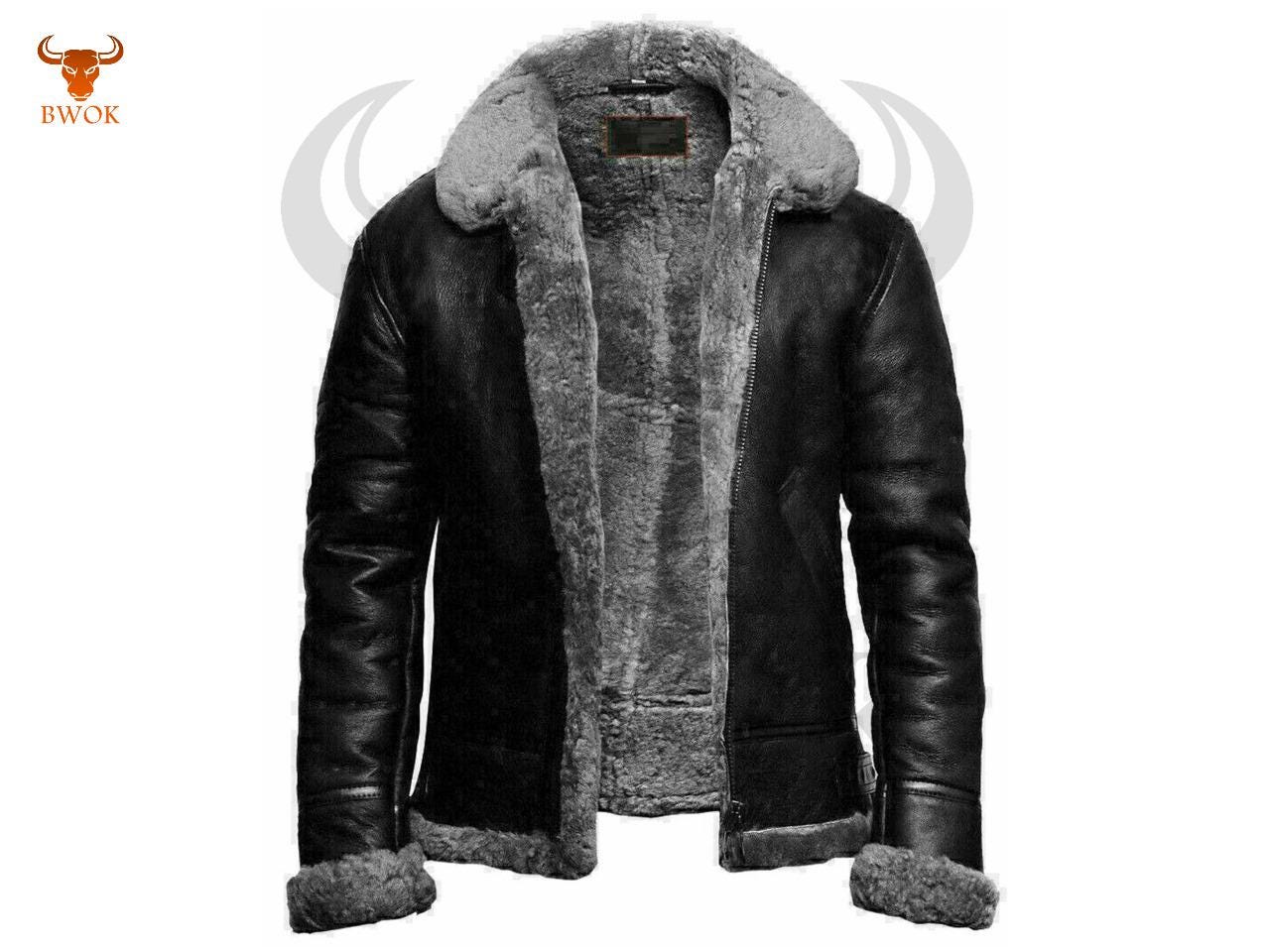 Shearling Aviator Leather Jacket: Men's Black Winter Coat - Etsy