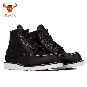 Handmade Black Leather Moc Toe Work Boot: Rugged Lace-Up Ankle Boot