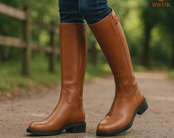 Handgefertigte kniehohe Stiefel aus Leder für Damen Schneestiefel - Klassische Reitstiefel, stilvolle und langlebige Lederstiefel für den Alltag