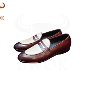 Handmade Two-Tone Suede Loafers ,Men&#39;s Dress Shoes ,Dual-Tone Formal Shoes ,Brown & White Wedding Shoes ,Classic Party Loafers Vintage Shoes