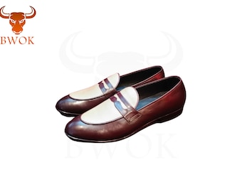 Handmade Two-Tone Suede Loafers ,Men's Dress Shoes ,Dual-Tone Formal Shoes ,Brown & White Wedding Shoes ,Classic Party Loafers Vintage Shoes