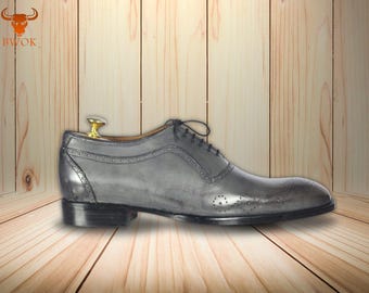 Men&#39;s Grey Patina Oxford Shoes – Handmade Genuine Leather Wingtip Brogues, Luxury Hand-Painted Dress Shoes for Business & Weddings