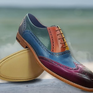 Handmade Brogue Shoes Multi-Colored Oxford Dress Shoes Luxury Hand-Painted Leather Wingtip  Dress Shoes Stylish Party Wear Formal Footwear