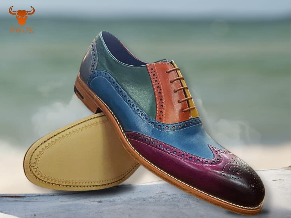 Handmade Multi-color Leather Brogue Shoes: Wingtip Oxford