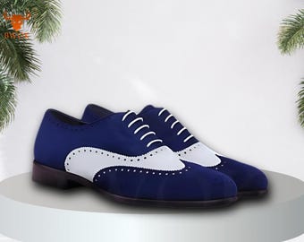 Blue and white leather Oxford shoes| Men&#39;s oxford shoes| Customized Two-Tone Suede oxford shoes| Navy blue Lace-Up shoes for Casual Wear