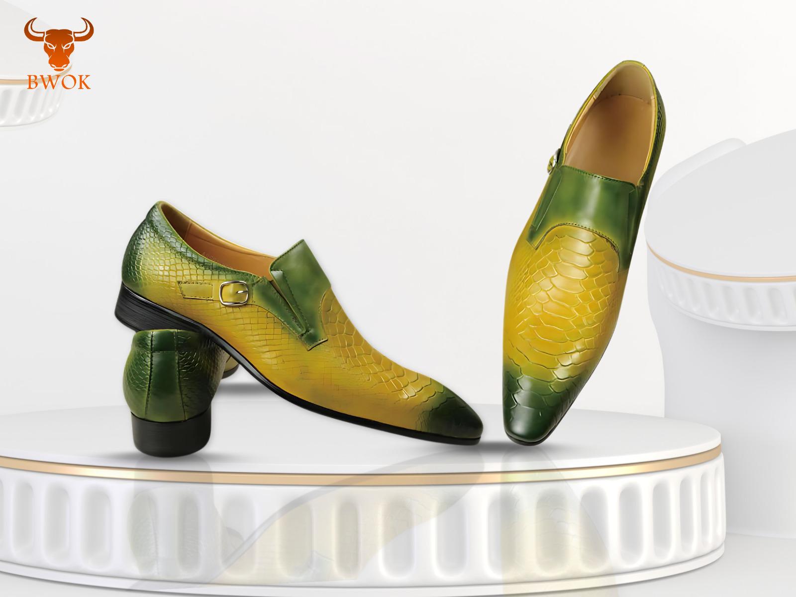 Handmade Men’s Yellow & Green Leather Brogues – Bespoke Genuine Leather Monk Strap Dress Shoes with Alligator Texture, Perfect for Weddings