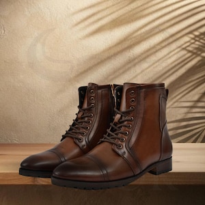 Handcrafted Men&#39;s Rugged Leather Boots | Vintage Brown Ankle Boots with Non-Slip Lace-Up Design