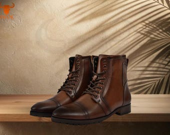 Handcrafted Men's Rugged Leather Boots | Vintage Brown Ankle Boots with Non-Slip Lace-Up Design
