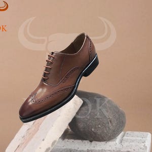 Men’s Wingtip Oxford Shoes – Handmade Leather Dress Shoes, Brown Brogue Lace-Up, Formal & Business Shoes, Luxury Customizable Gift for Him