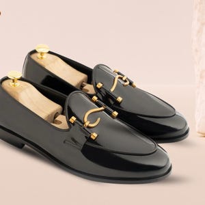 Leather shoes  dress loafers  Handmade Black Patent Leather Buckled Loafers | Sleek Men&#39;s Formal Shoes | Custom Shiny Black Dress Loafers