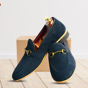 Handmade Loafers Navy Blue Suede Loafers Formal Dress Shoes with Horse Bit Buckle  Slip-On Flats Leather Moccasins for Everyday elegance.