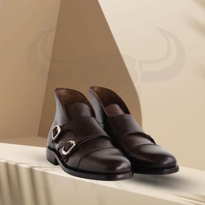 Handmade Leather Double Monk Strap Shoes Men&#39;s Formal Dress Shoes Premium Brown Leather Footwear Classic Business Shoes  Luxury Gift for Him