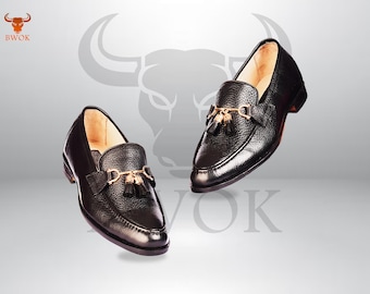 Bespoke Handmade Black Leather Horse bit Loafers for Men - Slip-On Tussle Shoes, Casual Designer Party & Business Footwear