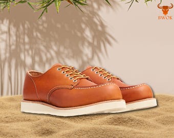 Moc Toe Orange Leather Shoes-Classic Oxford Heritage Boots, Handmade Men&#39;s Low Ankle Work Shoes, Vintage Red Wing Style, Premium Leather