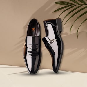 Handmade Black Patent Leather Dress Shoes – Luxury Slip-On Loafers for Men, Glossy Tuxedo Shoes for Weddings, Business & Formal Events