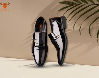 Handmade Black Patent Leather Dress Shoes – Luxury Slip-On Loafers for Men, Glossy Tuxedo Shoes for Weddings, Business & Formal Events