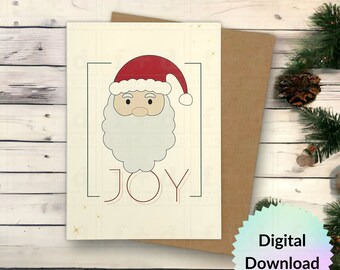 Peut inclure: Téléchargement numérique d'une carte de Noël représentant un Père Noël de dessin animé avec le mot « JOIE » dans une police de caractères stylisée.
