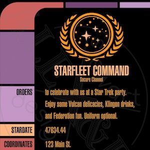 Invitación a fiesta misiva LCARS de la Flota Estelar inspirada en Star Trek 5x7 / Multicolor / Imprimible / Personalizable