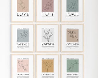 Fruit of the Spirit Bible verse wall art Poster/Canvas set of 9 Gallery, Galatians 5:22-23 modern Christian Scripture quote artwork Print