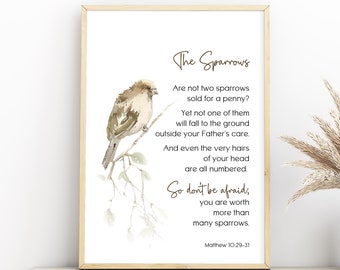 The Sparrow Bible Verse Poster, Modern Christian watercolor wall art, Matthew 10:28-31 Scripture unframed poster, bible quote wall decor